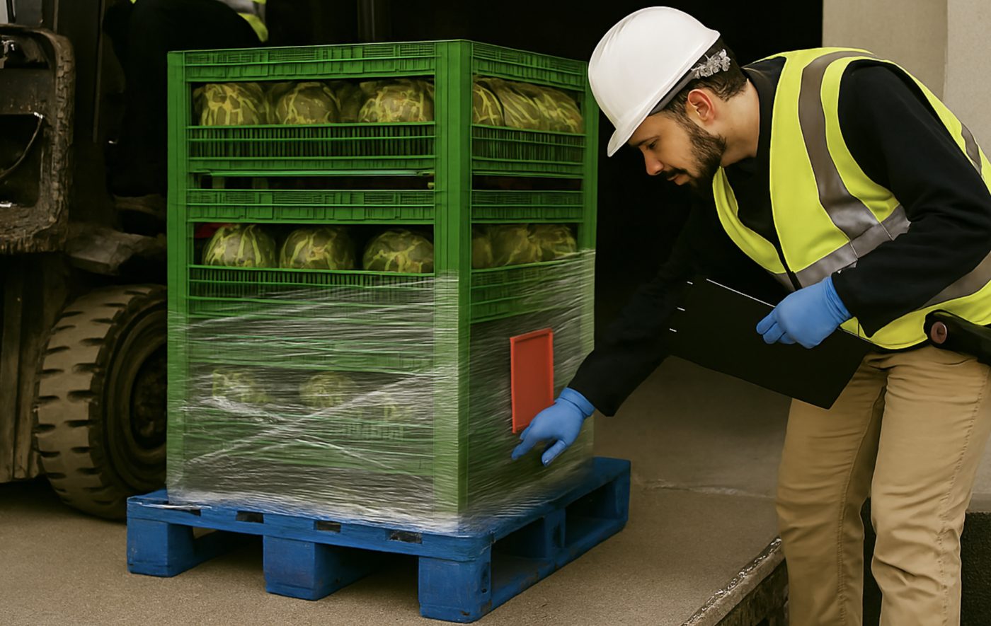 Workers inspecting a shrink-wrapped pallet of crated produce arriving at a retailer distribution centre
