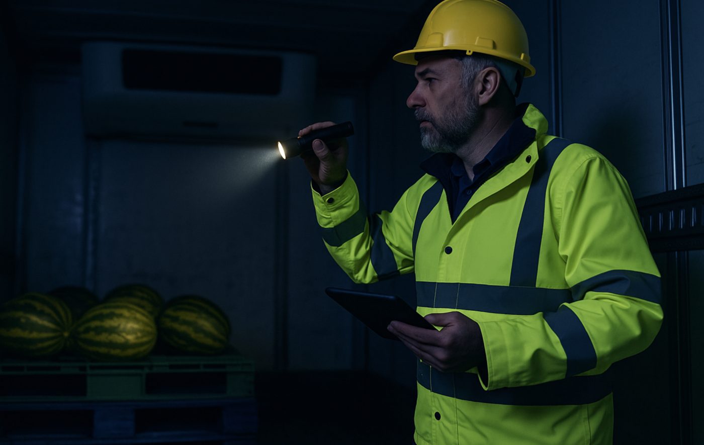 A worker in hi-vis and a hard hat using a torch and a tablet to check a temperature-sensitive shipment of melons inside a dark shipping container