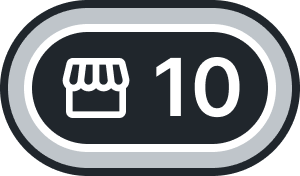 A dark cluster badge with a store icon and a count of 10, representing locations