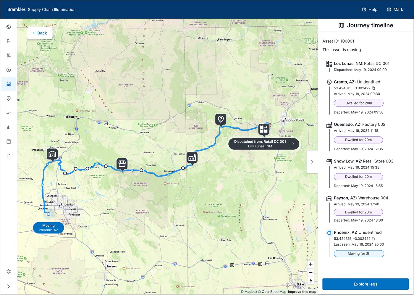 Asset journey timeline for a specific asset, showing its full route on a map alongside a chronological stop-by-stop log with dispatch, arrival and dwell times at each location