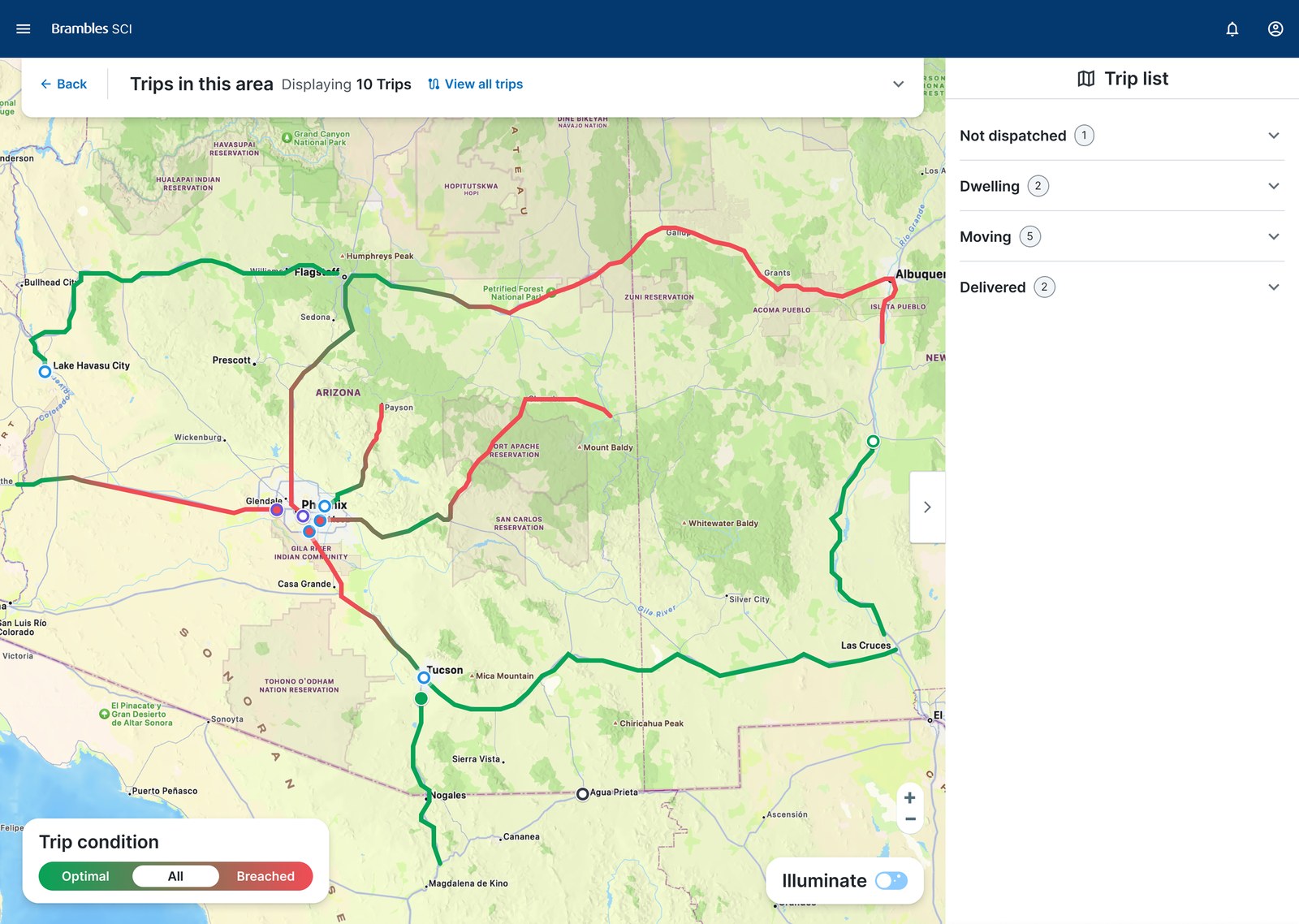 Trips in an area screen with ten trip lines coloured by condition, an Optimal, All and Breached condition filter, and a trip list grouped by status: not dispatched, dwelling, moving and delivered