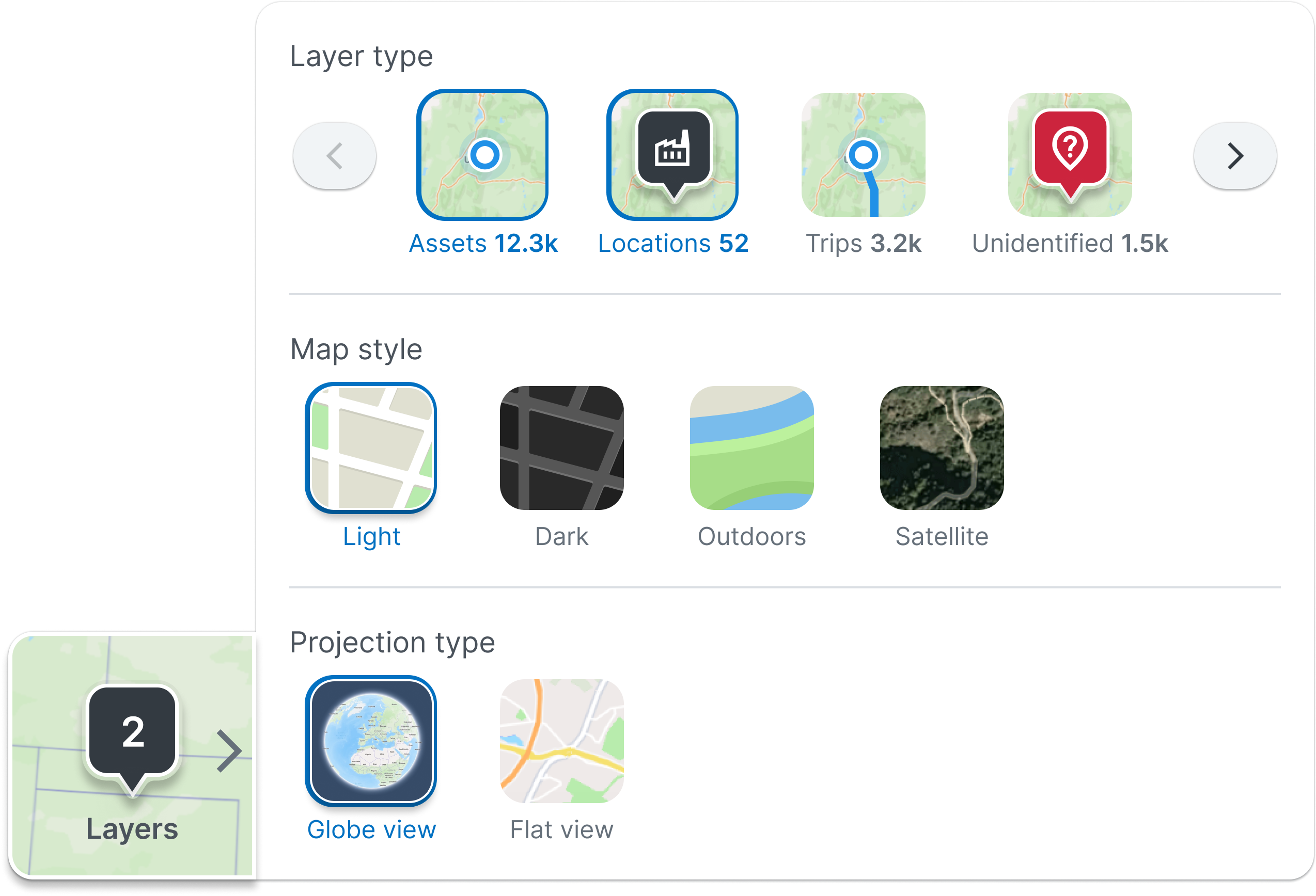 The Layers panel, showing layer type toggles, map style options and a globe/flat projection toggle