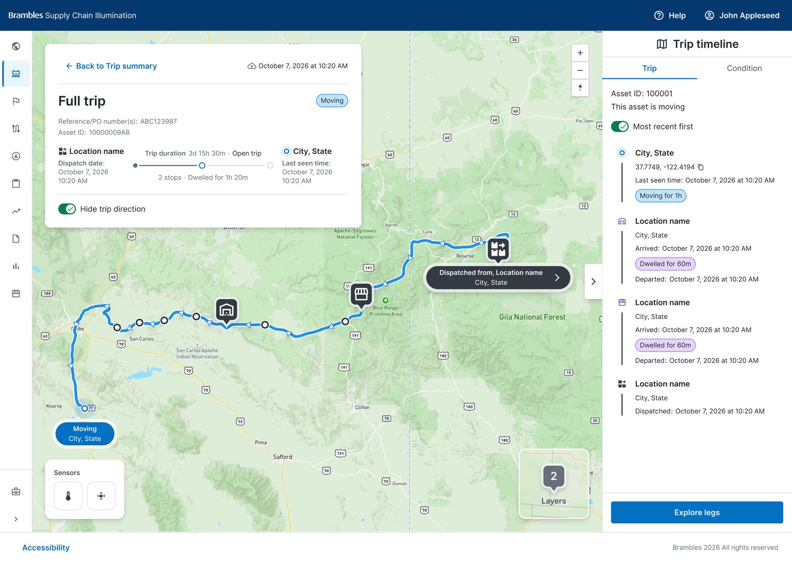 Trip timeline view, showing the full trip route on a map, a trip detail panel with dispatch and arrival information, and a chronological stop-by-stop log on the right